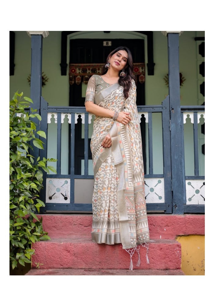 Malishka Export Grey Linen Cotton Digital Print Saree for Women - Image 4
